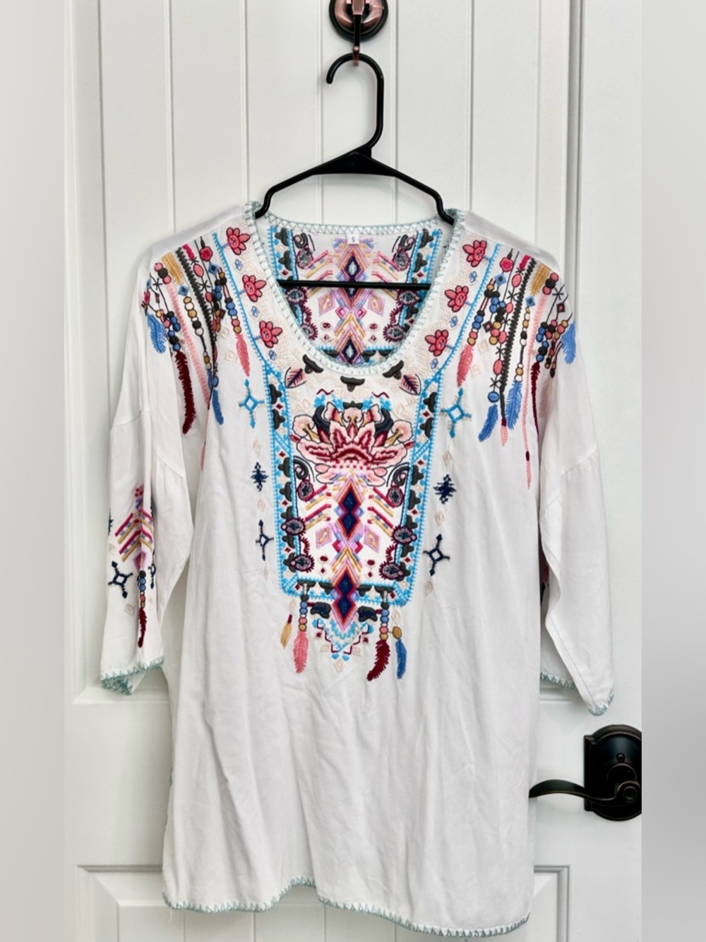 Embroidered White Boho Tunic Top with Multicolor Detail
